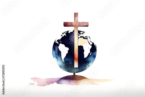 Religious Global Mission: Dissemination of Information. The cross of Jesus Christ with the earth globe in watercolors on a white background.