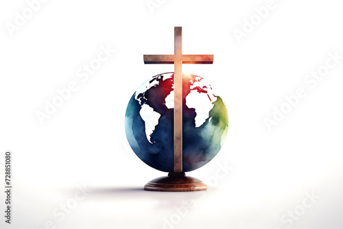 Religious Global Mission: Dissemination of Information. The cross of Jesus Christ with the earth globe in watercolors on a white background.