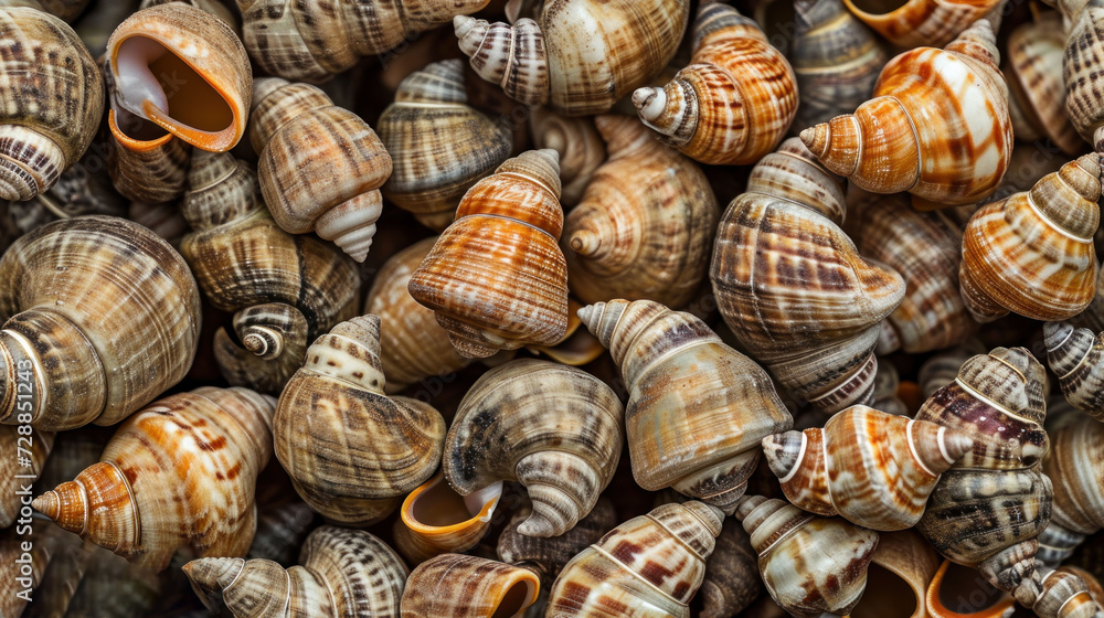 a pile of sea shells sitting next to each other on top of a pile of other shells on top of a pile of other seashells on top of a table. a pile of sea shells sitting next to each other on top of a pile of other shells on top of a pile of other seashells on top of a table.
