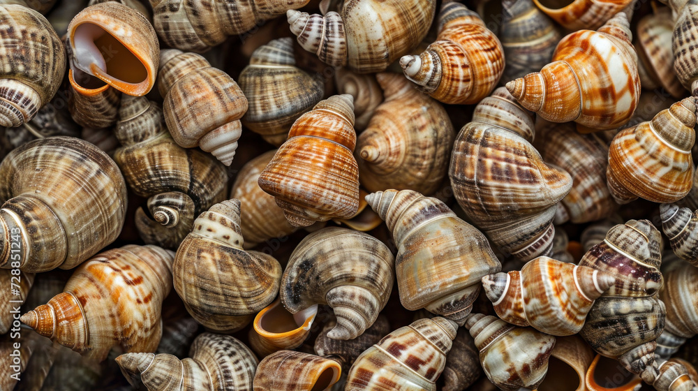  a pile of sea shells sitting next to each other on top of a pile of other shells on top of a pile of other seashells on top of a table.