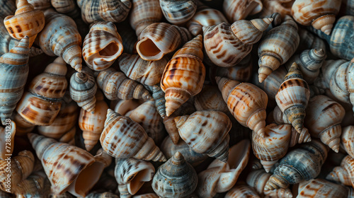  a pile of sea shells sitting next to each other on top of a pile of other sea shells on top of a pile of other seashells on top of a table.