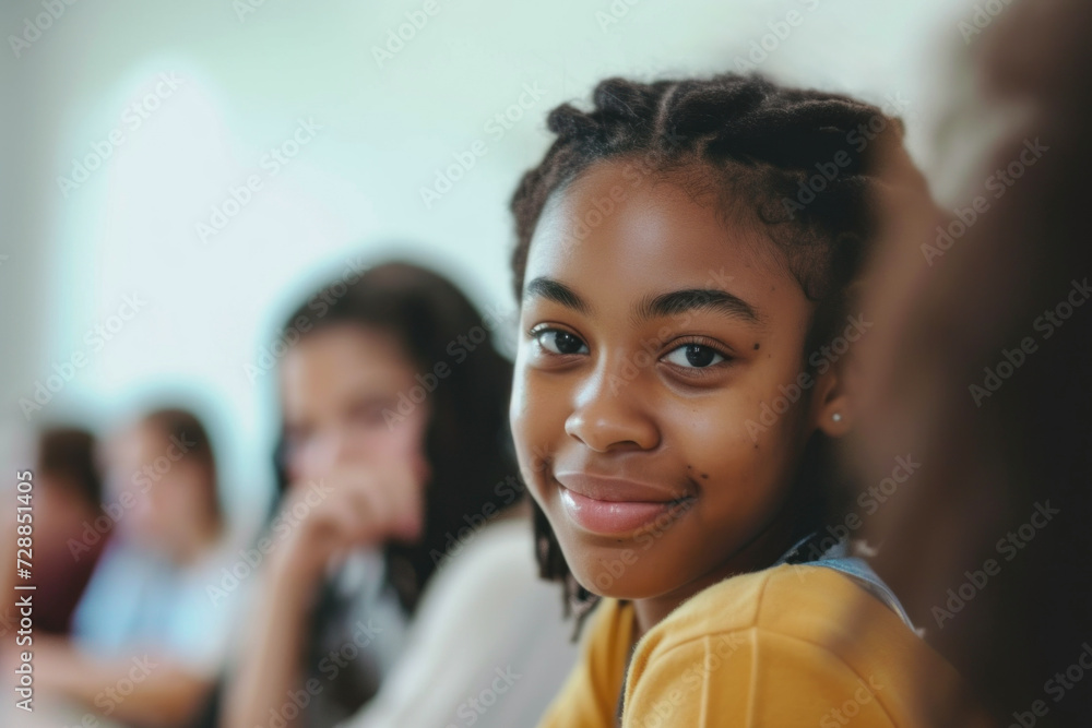 Teenage Female African-American Student Sitting in Classroom with Defocused Students, Looking at Camera Teenage Female African-American Student Sitting in Classroom with Defocused Students, Looking at Camera