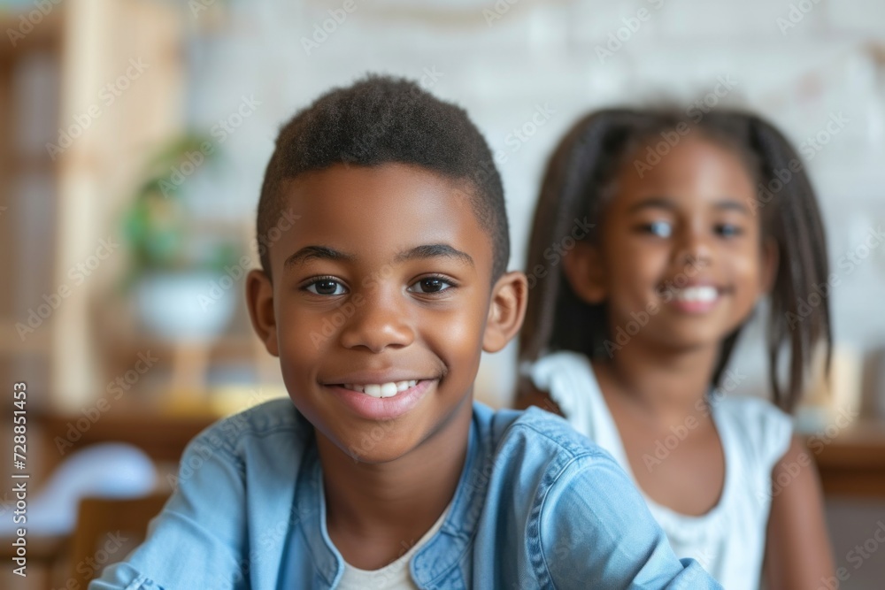 African-American Student Sitting in Classroom with Defocused Students, Looking at Camera African-American Student Sitting in Classroom with Defocused Students, Looking at Camera