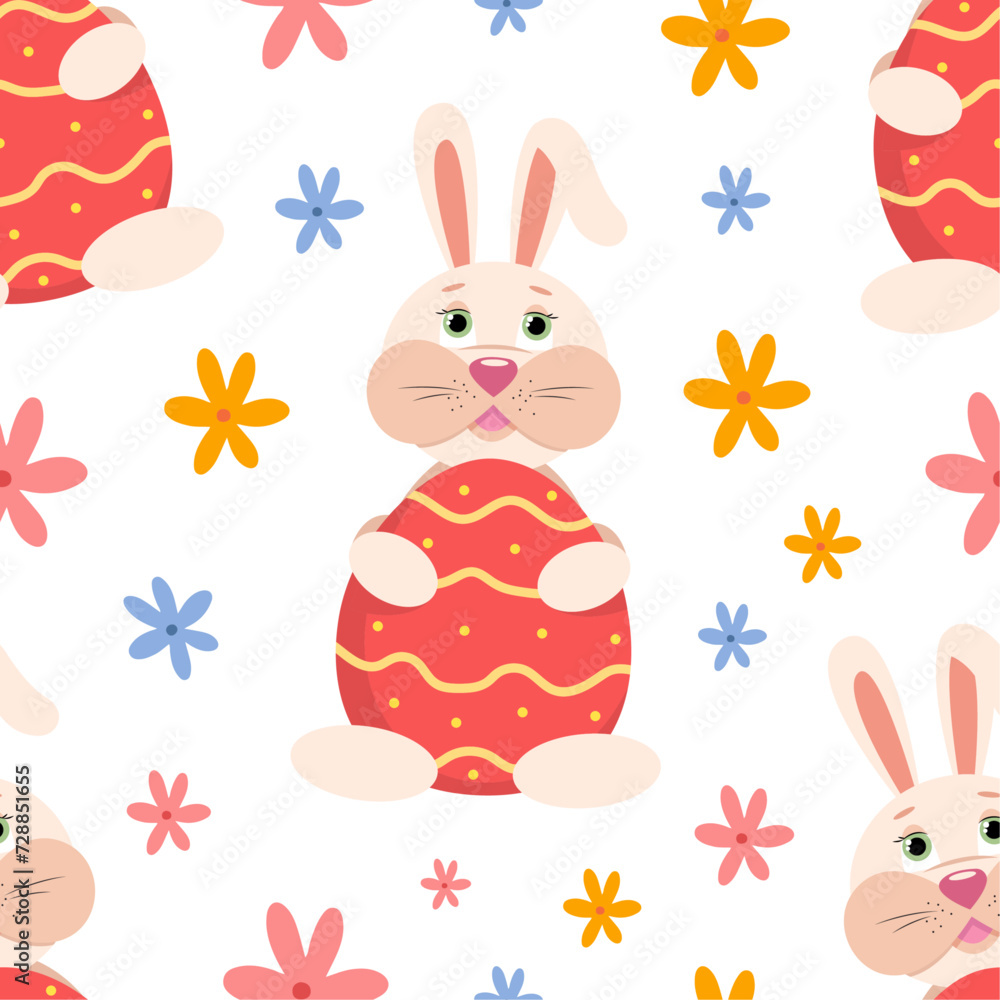Fototapeta premium Vector easter bunny and eggs, seamless pattern design