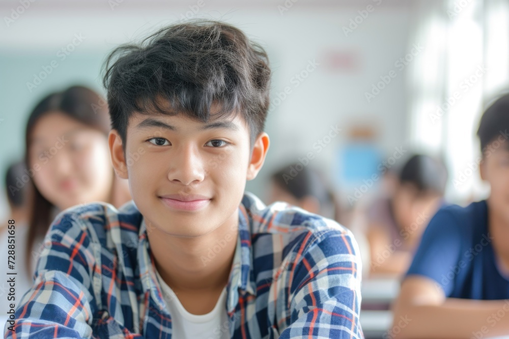 Asian Teenage Male Student Sitting in Classroom with Defocused Students, Looking at Camera Asian Teenage Male Student Sitting in Classroom with Defocused Students, Looking at Camera