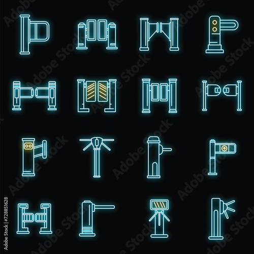 Turnstile access icons set. Outline set of turnstile access vector icons neon color on black