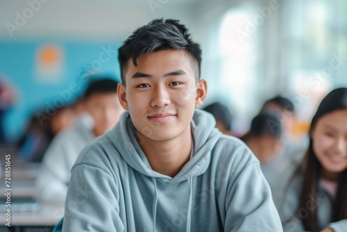 Asian Teenage Male Student Sitting in Classroom with Defocused Students  Looking at Camera