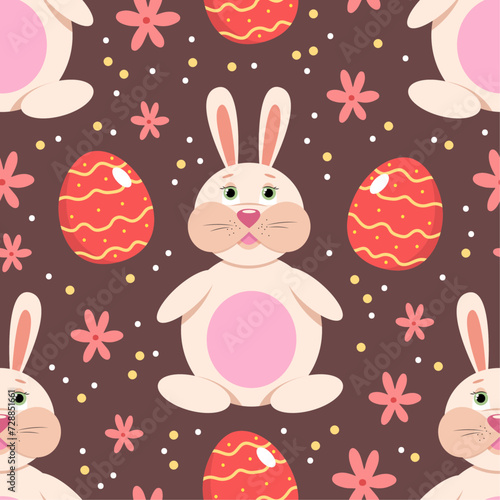 Vector Easter pattern design with cute bunny, Easter eggs and flowers on dark background. Easter design for textile, wrapping paper, backgrounds 