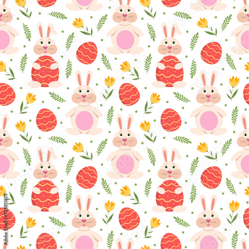 seamless pattern with easter eggs and rabbits, cartoon design for Easter holiday, perfect for wrapping paper