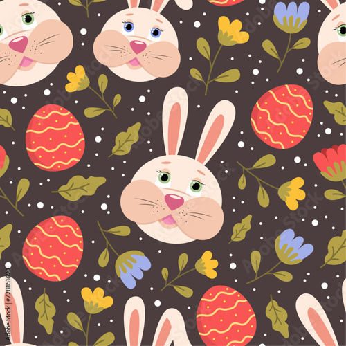 Easter pattern with cute rabbits, eggs and flowers, Easter wrapping paper, holidays design 
