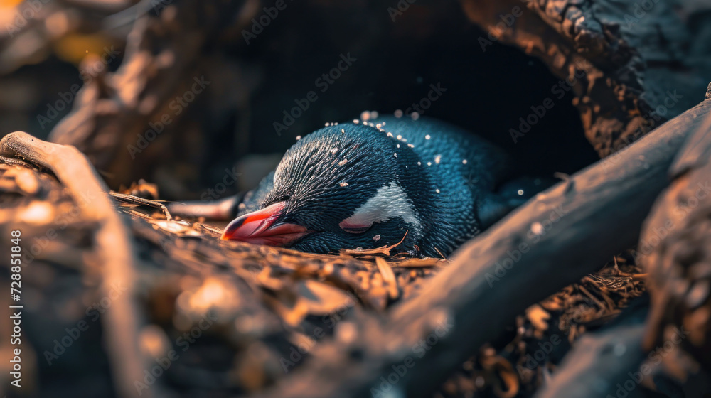  a small blue bird with a red beak sitting in a hole in a tree branch filled with leaves and other branches, with water droplets on it's surface. - obrazy, fototapety, plakaty 