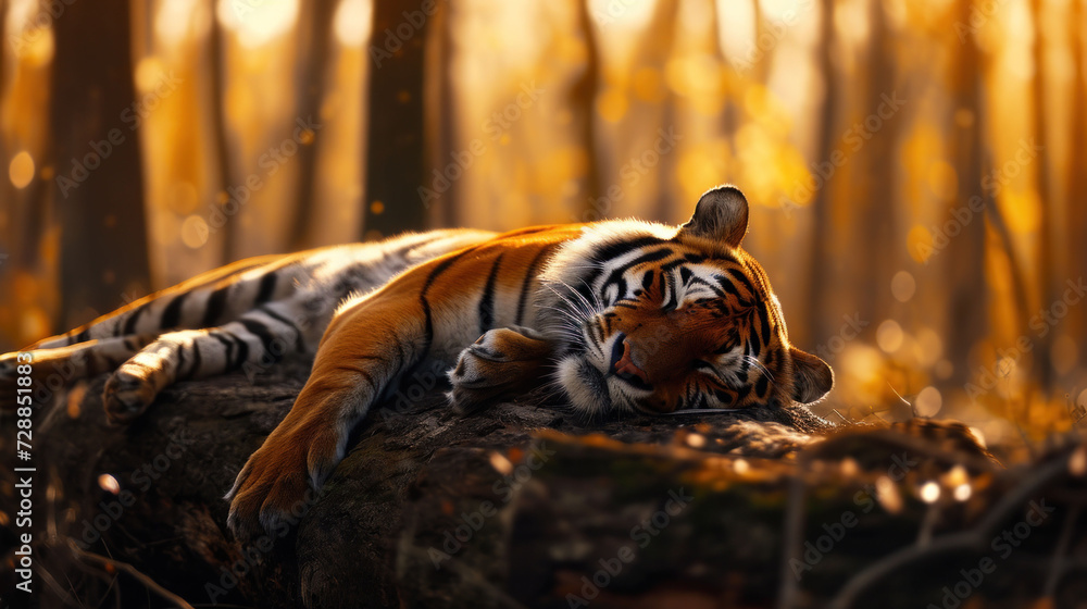 a tiger laying on top of a log in the middle of a forest next to a forest filled with tall grass and tall trees with yellow leaves on the top of it's. a tiger laying on top of a log in the middle of a forest next to a forest filled with tall grass and tall trees with yellow leaves on the top of it's.
