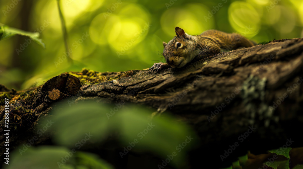 a squirrel laying on top of a tree branch in the middle of a forest with lots of green leaves on the ground and a tree trunk in the foreground. a squirrel laying on top of a tree branch in the middle of a forest with lots of green leaves on the ground and a tree trunk in the foreground.