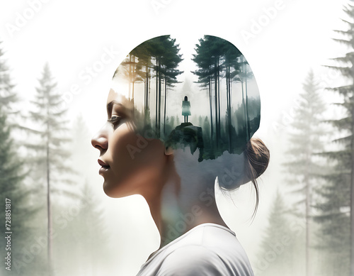 Abstract image. Double exposure of a woman's head with a forest landscape worried about the problem of the destruction of forests and trees on an isolated light nature background.