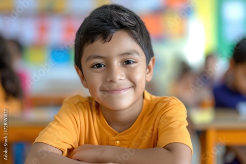 Latino Elementary School Student Sitting in Classroom Looking at Camera