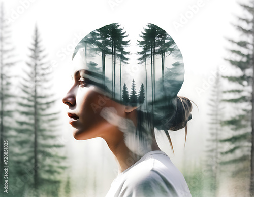 Abstract image. Double exposure of a woman's head with a forest landscape worried about the problem of the destruction of forests and trees on an isolated light nature background.
