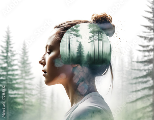 Abstract image. Double exposure of a woman's head with a forest landscape worried about the problem of the destruction of forests and trees on an isolated light nature background.
