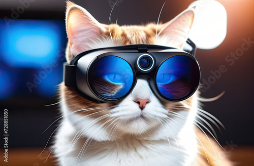 Close up of cat wearing VR glasses. Futuristic illustration. Modern technologies.