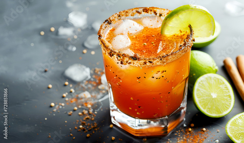 Spicy michelada cocktail with chili rim and lime on dark background, copy space. Traditional Cinqo de Mayo drink. Mexican michelada beer cocktail with spices, tomato and lime juice photo