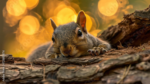  a close up of a squirrel on a tree branch with boke of lights in the back ground behind it and a blurry background of leaves and a tree trunk.