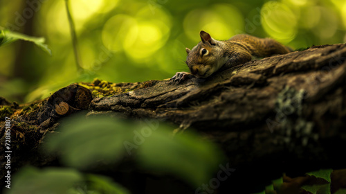  a squirrel laying on top of a tree branch in the middle of a forest with lots of green leaves on the ground and a tree trunk in the foreground.