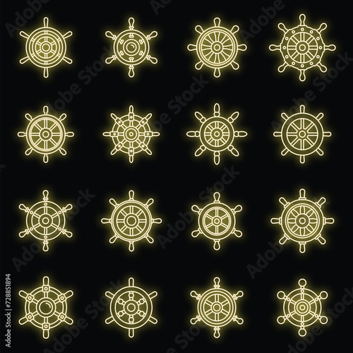 Ship wheel element icons set. Outline set of ship wheel element vector icons neon color on black
