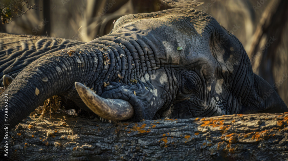 Fototapeta premium a close up of an elephant laying on a tree trunk with its trunk curled over it's face and it's trunk resting on the trunk of another elephant's head.