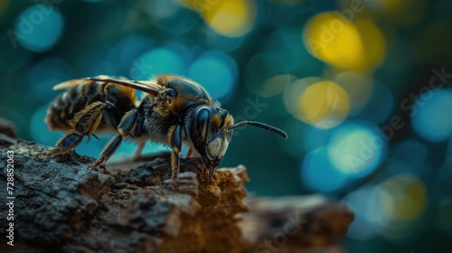  a couple of bees sitting on top of a piece of wood in front of a blue and yellow boke of some sort of blurry in the back ground.