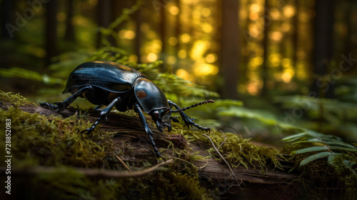  a close up of a beetle on a log in a forest with trees in the background and sunlight shining through the leaves of the trees and on the ground,. © Olga
