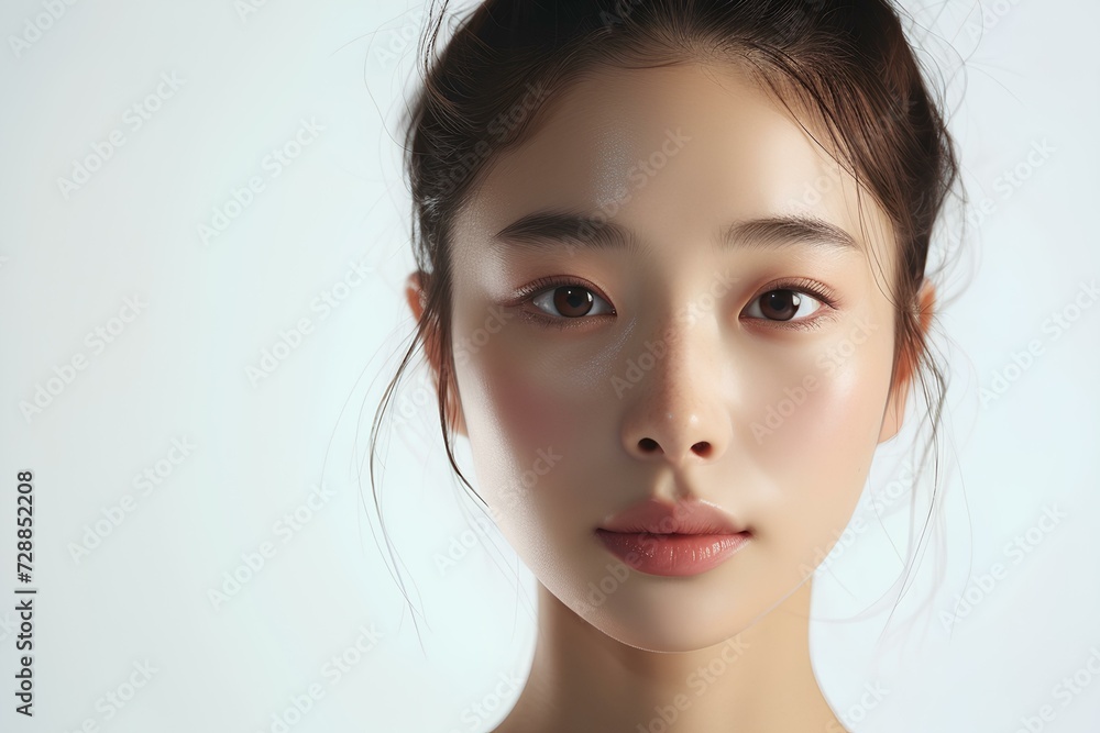 portfolio shot of 20 years old korean female model with perfect skin, sleek hair bun, no makeup, relaxed face, open forehead, isolated on the white background. generative AI portfolio shot of 20 years old korean female model with perfect skin, sleek hair bun, no makeup, relaxed face, open forehead, isolated on the white background. generative AI