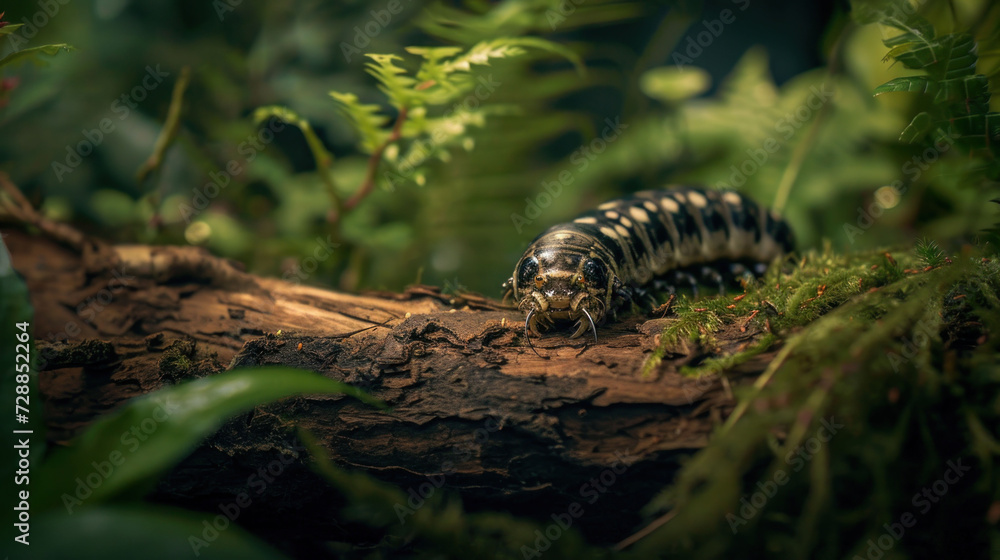  a close up of a caterpillar on a branch of a tree in the middle of a forest with lots of green leaves on the top of the branch.