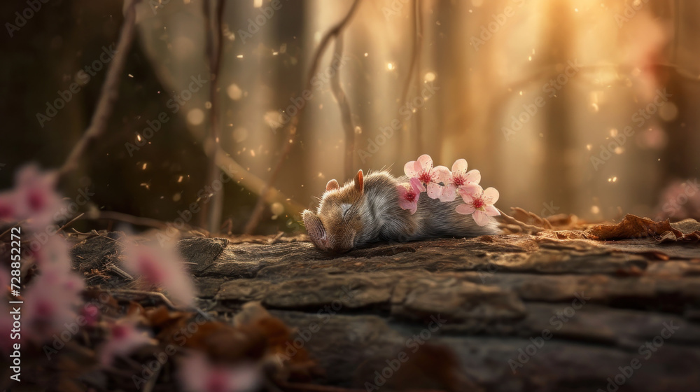  a small rodent with pink flowers on it's back laying on a rock in a forest with pink flowers on it's back and a blurry background.