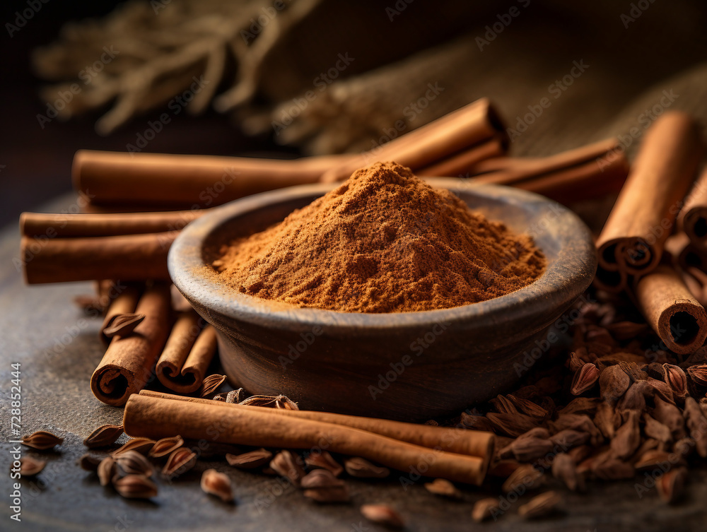 cinnamon powder in wooden bowl and cinnamon sticks on rustic background