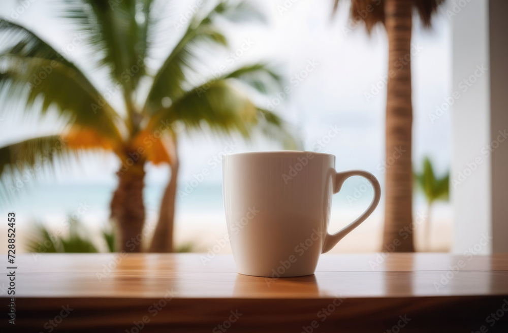 Coffee cup on table with palm tree and sea background. Coffee cup on table with palm tree and sea background.