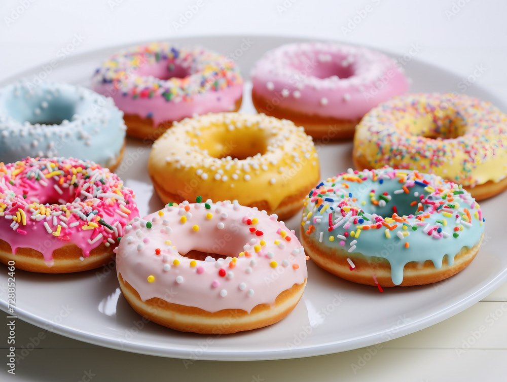 Colorful glazed donuts on plate on white wooden background.