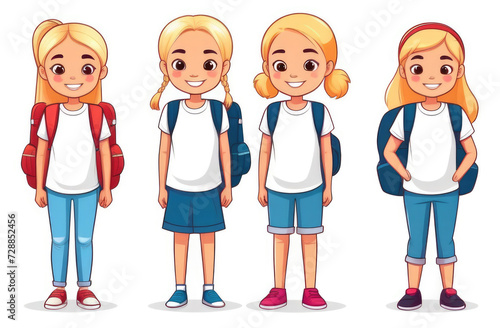 Set of cute schoolgirls with backpacks. illustration in cartoon style.