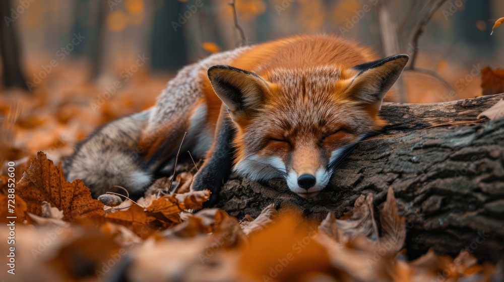 a close up of a fox laying on top of a tree trunk in a field of leaves with it's head resting on a fallen tree trunk in the foreground. a close up of a fox laying on top of a tree trunk in a field of leaves with it's head resting on a fallen tree trunk in the foreground.