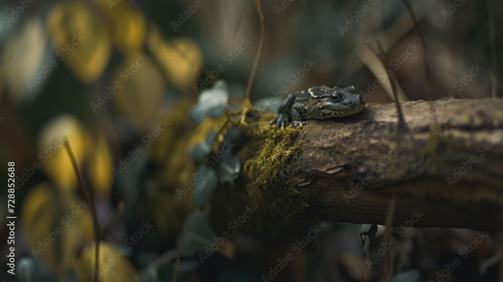  a frog sitting on top of a tree branch in the middle of a forest filled with lots of green and yellow leaves on a tree branch with mossy branches.