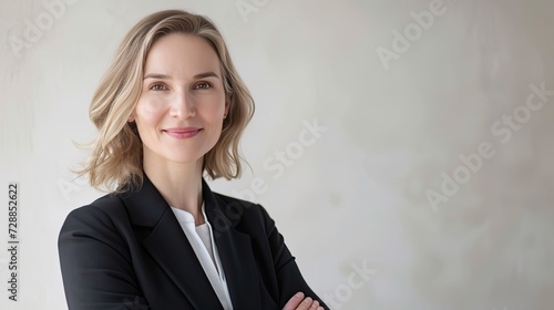 a mature female lawyer in joyful professional portraits, presented in a realistic style against a light background, conveying a sense of competence and approachability in her legal practice.