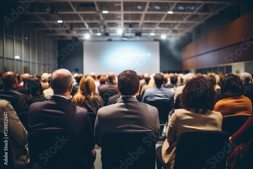 A crowd of people seated at a conference, with a blurred speaker and screen in the distance, depicts an engaging corporate, lecture, networking event.