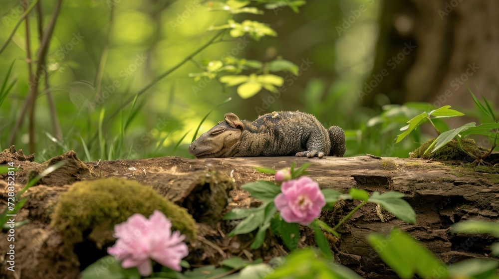 Obraz premium a close up of a small animal on a log in the middle of a forest with flowers in the foreground and a tree trunk in the background with pink flowers in the foreground.