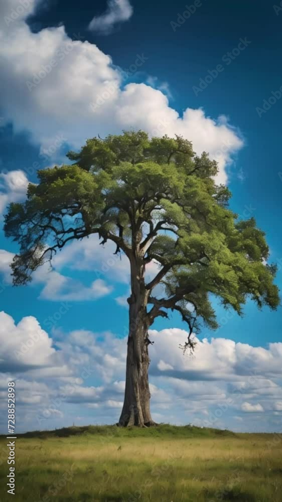 Nature scene featuring a big old tree on a blue sky with fluffy clouds moving. Nature scene featuring a big old tree on a blue sky with fluffy clouds moving.