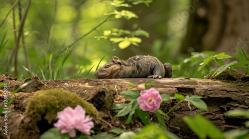  a close up of a small animal on a log in the middle of a forest with flowers in the foreground and a tree trunk in the background with pink flowers in the foreground.