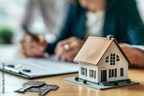 Focused image of a model house and keys on a table, with a real estate agent and client finalizing the sale in the background.