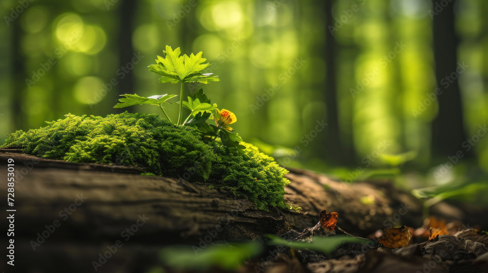 a small plant is growing out of a mossy log in the middle of a forest with leaves on the ground and a bird sitting on the log in the foreground. a small plant is growing out of a mossy log in the middle of a forest with leaves on the ground and a bird sitting on the log in the foreground.