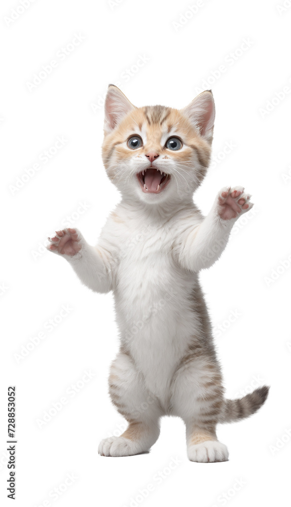 funny cute kitten in full body jumping through the picture isolated against transparent background