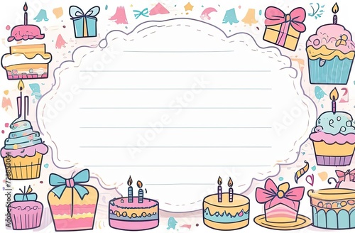 Pastel colors frame with free place for text made from lot of birthday balloons and gift boxes with big bows. Great for birthday parties  textiles  banners  wallpapers  wrapping.