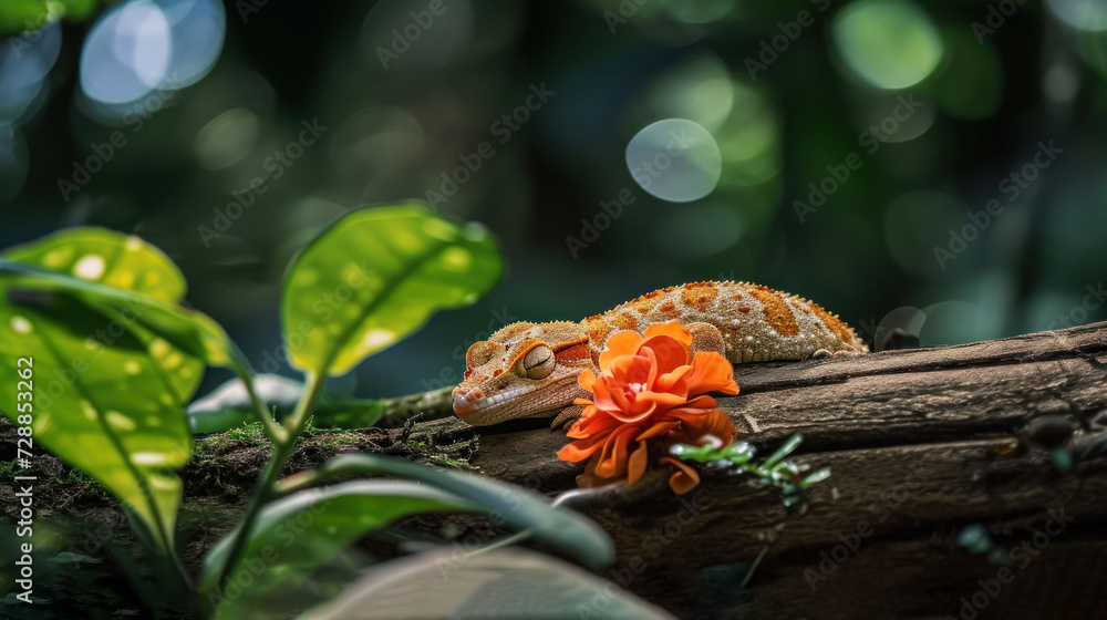 a lizard sitting on top of a tree branch with a flower in the middle of it's body and a green leaf in the other side of the photo.