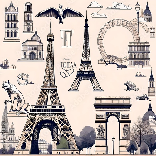 et of landmarks and symbols of Paris, France isolated on transparent white. Eiffel Tower, Notre-Dame, Arc de Triomphe, Sacre Coeur and Gargoyles Chimera statue 