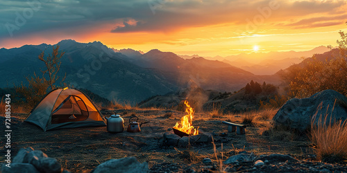 Camp fire and tea pot tent and mountains